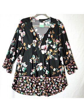 N Touch Tunic Top Womens Sz XL Angelina Style Black & Pink Floral NWT